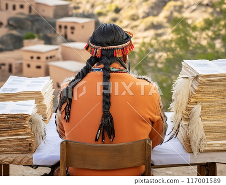 Man Sitting at Table Studying With Books. Generative AI 117001589