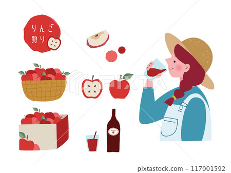 一個女人喝蘋果汁和一個蘋果的插圖集 一個女人喝蘋果汁和一個蘋果的插圖集 117001592
