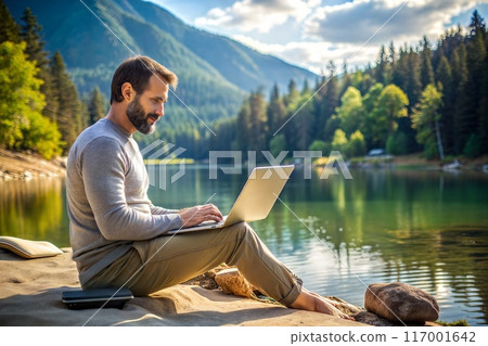 Man working with a laptop on the lake bank. Remote work on nature. Ai generated 117001642