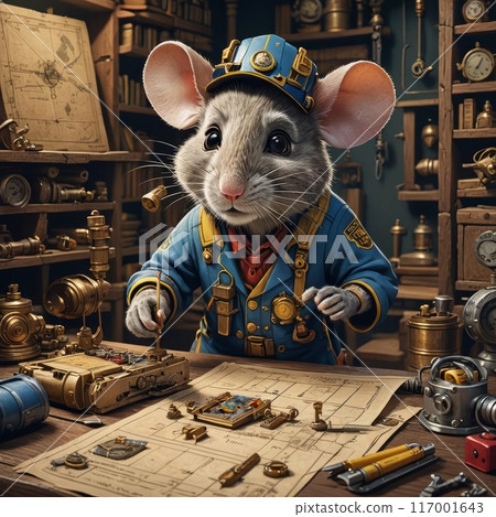 A Mouse Engineer Works on a Steampunk Gadget in a Workshop. Generative AI 117001643