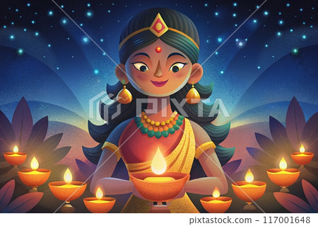 Happy Diwali design with young indian woman holding oil lamp diya. Ai generated  117001648