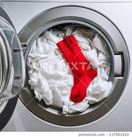 Red Sock In A Washing Machine. Generative AI 117001820