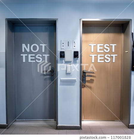 Two Doors With Not Test and Test Test Labels in a Building Hallway. Generative AI 117001828