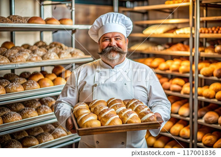 Kind baker with mustache holding basket full of variety of baked bread. Ai generated 117001836