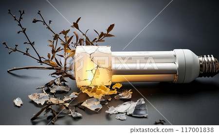Cracked Compact Fluorescent Light Bulb With Branch and Debris. Generative AI 117001838