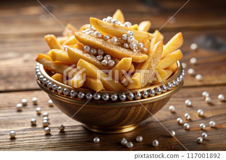 French fries in golden bowl with gems and crystals. Luxury fast food concept. French fries crown. Ai generated 117001892