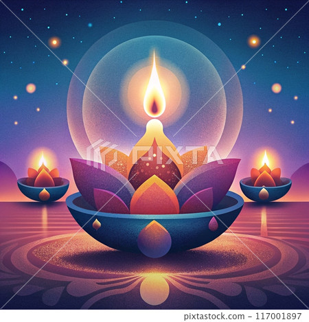Happy Diwali. Diwali deepak lights. Square illustration of traditional Indian oil lamps. Ai generated  Happy Diwali. Diwali deepak lights. Square illustration of traditional Indian oil lamps. Ai generated  117001897