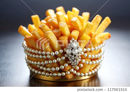 French fries in pearl and gems bowl. Luxury fast food concept. French fries crown. Ai generated 117001910