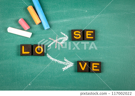 LOSE and LOVE Concept. Old letter tiles on a green chalkboard background LOSE and LOVE Concept. Old letter tiles on a green chalkboard background 117002022