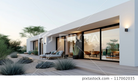 Modern Home Exterior With Glass Wall and Wooden Deck Surrounded by Nature 117002035
