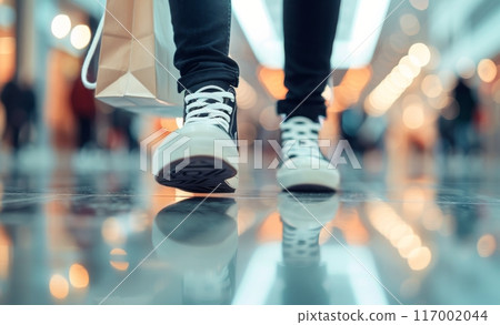 Shopping Experience in a Busy Mall With Bright Reflections and Warm Lighting 117002044