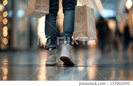 Shopping Experience in a Busy Mall With Bright Reflections and Warm Lighting 117002045
