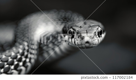 Close-Up View of a Black and Silver Snake Curled on a Dark Surface Close-Up View of a Black and Silver Snake Curled on a Dark Surface 117002184