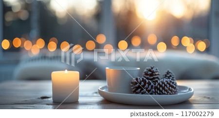Cozy Winter Evening With Candlelight and Pinecones at Sunset Cozy Winter Evening With Candlelight and Pinecones at Sunset 117002279