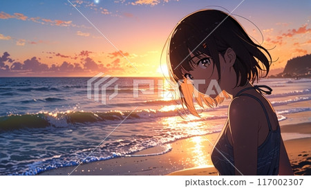 The sea and a girl in the sunset 117002307