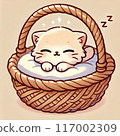 Kitten sleeping in a basket 117002309