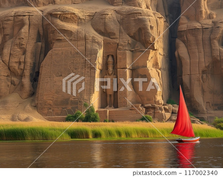 A red sailboat glides on a river beside ancient Egyptian rock carvings and statues, surrounded by lush greenery. 117002340