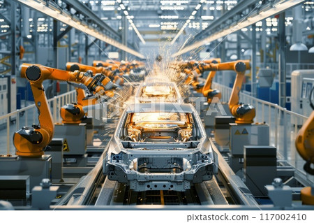 A robot at a car factory welds a car frame. Robotic assembly line in an automotive factory 117002410