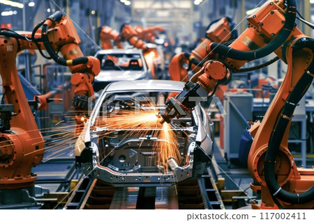 A robot at a car factory welds a car frame. Robotic assembly line in an automotive factory 117002411