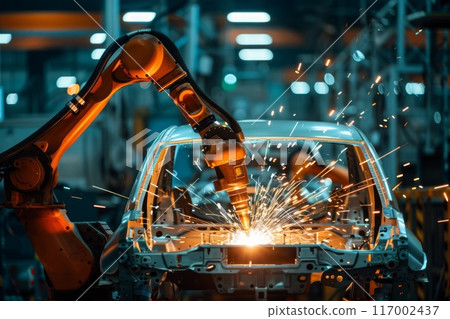 A robot at a car factory welds a car frame. Robotic assembly line in an automotive factory 117002437