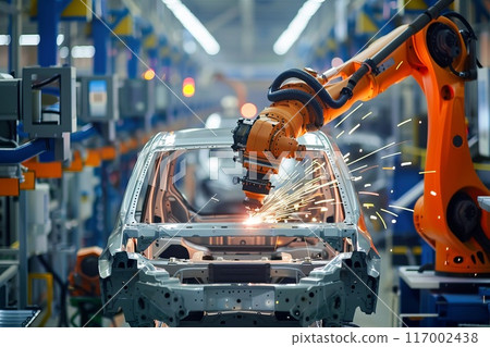 A robot at a car factory welds a car frame. Robotic assembly line in an automotive factory 117002438
