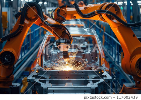 A robot at a car factory welds a car frame. Robotic assembly line in an automotive factory 117002439