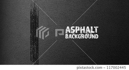 Black grunge tire tracks, wheel braking marks. Truck, car or motorcycle tread pattern silhouettes. Auto race, motorsport, speed racing design element. Asphalt texture. Vector illustration 117002445