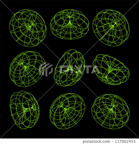 Wireframe lined shapes. Perspective mesh, 3d grid. Low poly geometric elements. Retro futuristic design elements, y2k, vaporwave and synthwave style. Vector illustration 117002455