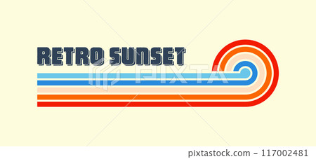 Horizontal vintage sunset. Various colorful striped sunrise badges in 80s and 90s style. Sun and ocean view, summer vibes, surfing. Design element, print, logo or t-shirt. Vector illustration 117002481