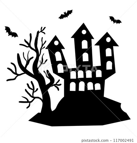 Happy Halloween holiday card with abandoned castle with bats and spooky trees. Happy Halloween holiday card with abandoned castle with bats and spooky trees. 117002491