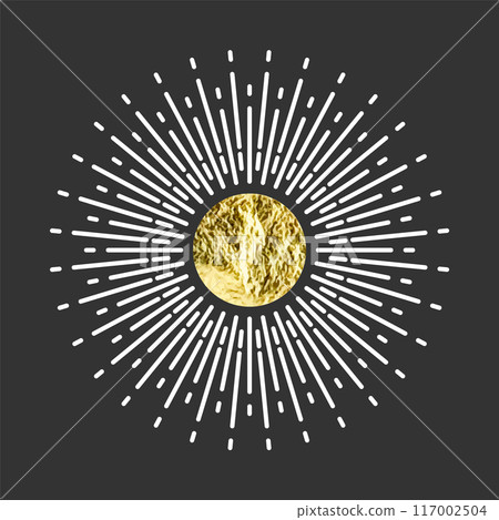 Vintage sunburst, sunset beams. Gold foil, shiny handmade circles. Golden glittering texture, pattern. Hand drawn bursting sun, light rays. Logotype or lettering, retro style. Vector illustration Vintage sunburst, sunset beams. Gold foil, shiny handmade circles. Golden glittering texture, pattern. Hand drawn bursting sun, light rays. Logotype or lettering, retro style. Vector illustration 117002504