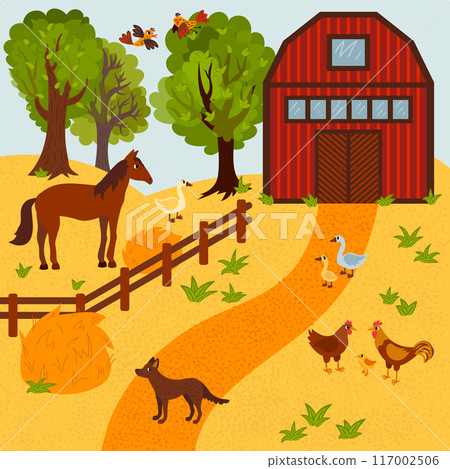 Farm with horse and other animals, trees, landscape. Farming scene, picture of farm spreads out under the clear blue sky. 117002506