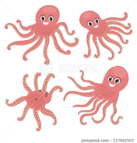Set of cute cartoon octopuses with big eyes and smiles swimming in the sea isolated on white. 117002507