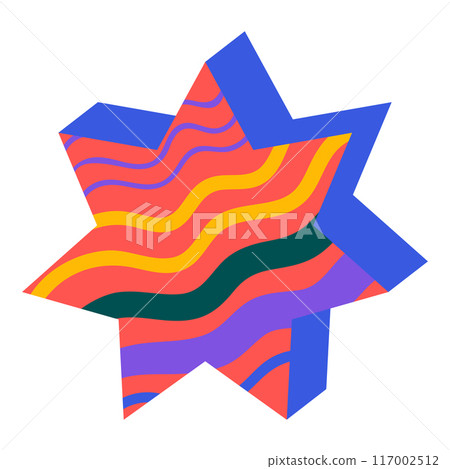 Colorful ornamental pseudo 3D star isolated on white. Symbol for game, flat style Colorful ornamental pseudo 3D star isolated on white. Symbol for game, flat style 117002512