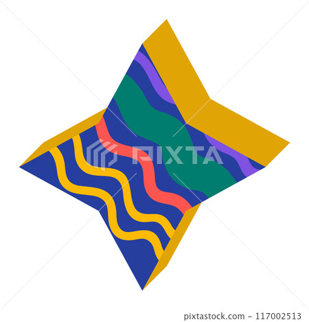 Colorful ornamental pseudo 3D star isolated on white. Symbol for game, flat style Colorful ornamental pseudo 3D star isolated on white. Symbol for game, flat style 117002513