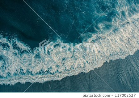 Ocean wave, top wave. Turquoise blue sea and aerial coast. Summer water shore. Tropical beach landscape in motion. Beautiful nature background 117002527