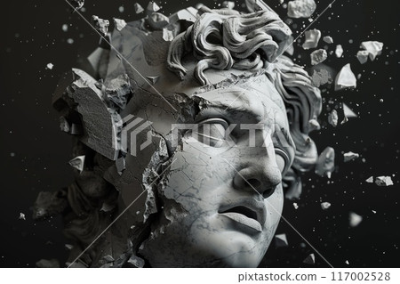 Marble statue with falling pieces. Greece culture, broken antique stone sculpture. Roman cracked ancient head. Old renaissance museum monument. Classical rome god portrait 117002528