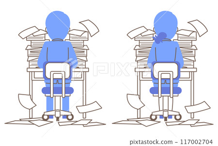 Back view of a male and female employee sitting in front of a large amount of documents 117002704