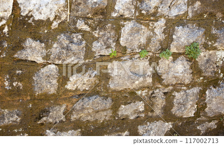 Stone texture of a grey wall. Ancient wall composed of grey coloured stones. Background. Template. For design. Horizontal. 117002713