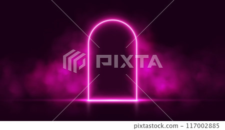 Neon door with smoke, pink glowing portal, futuristic arch gate, magic border with vapor. 117002885
