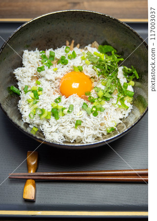 Japanese breakfast: dried baby sardine rice bowl 117003037
