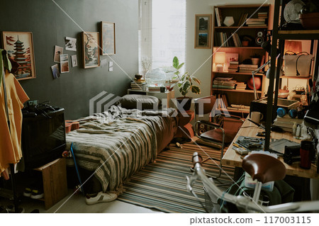 Male dorm room made in pastel colors and decorated with posters fully equipped with gadgets and personal items 117003115