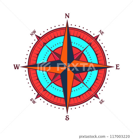 Vintage marine wind rose, nautical chart. Colorful navigational compass with cardinal directions of North, East, South, West. Geographical position, cartography and navigation. Vector illustration Vintage marine wind rose, nautical chart. Colorful navigational compass with cardinal directions of North, East, South, West. Geographical position, cartography and navigation. Vector illustration 117003220