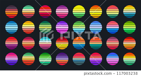 Vintage sunset collection. Colorful striped sunrise badges in 80s and 90s style. Sun and ocean view, summer vibes, surfing. Design element for print, logo or t-shirt. Vector illustration 117003238