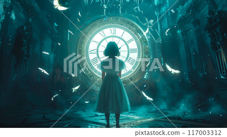 Surreal moment of a woman standing in front of clock. Watching destiny with the time passing. Generative Ai. 117003312