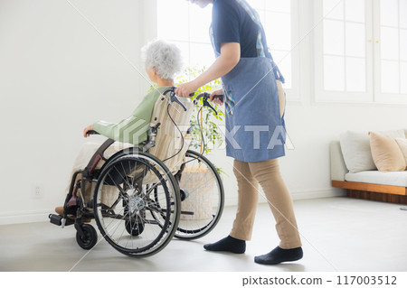 Elderly people and female caregivers Elderly people and female caregivers 117003512