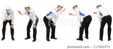 Full-body cutout of a man working in a factory or construction job wearing a helmet and work clothes uniform 117003773
