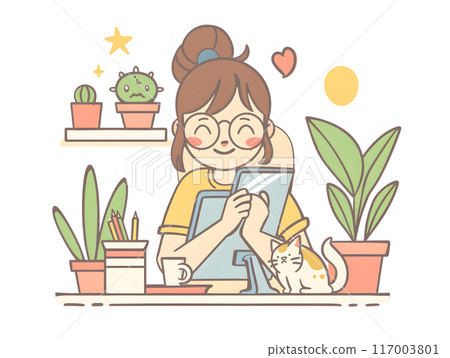 Happy girl with tablet and cat in cozy home office with plants 117003801