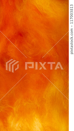 Glowing fume. Twisting mist. Fantasy fog ink blend. Steam hypnotic yellow orange red smoke on glitter creative abstract art background. 117003813