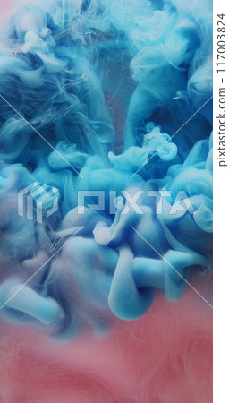 Paint drop water. Color smoke cloud. Defocused pink blue acrylic ink mix splash flow vapor texture abstract art background. 117003824